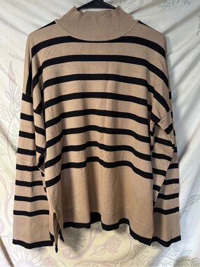 Beige and Black Striped Turtleneck Sweater